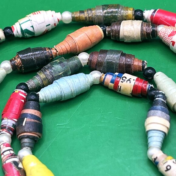 Handmade Rolled Paper Bead Necklace Long Continuous Strand Upcycled Bohemian - Picture 5 of 10